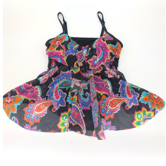 Mazu Swim Tankini Top L Black Paisley Mesh Tiered Babydoll Ruffle Boho Beachy - Picture 3 of 10